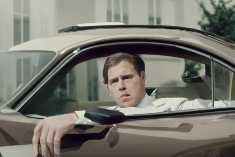 Image similar to cinematic still of portly clean-shaven white man wearing suit and necktie and short curly blond hair as car salesman in 1994 film, XF IQ4, f/1.4, ISO 200, 1/160s, 8K, RAW, dramatic lighting, symmetrical balance, in-frame