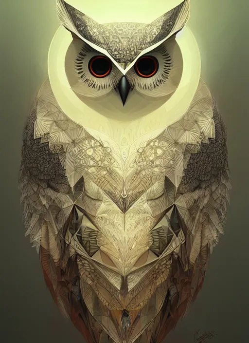 Image similar to portrait of a geometric owl, identical eyes, medium shot, illustration, full body made of white feathers, symmetrical, art stand, super detailed, cinematic lighting, and its detailed and intricate, gorgeous, by peter mohrbacher