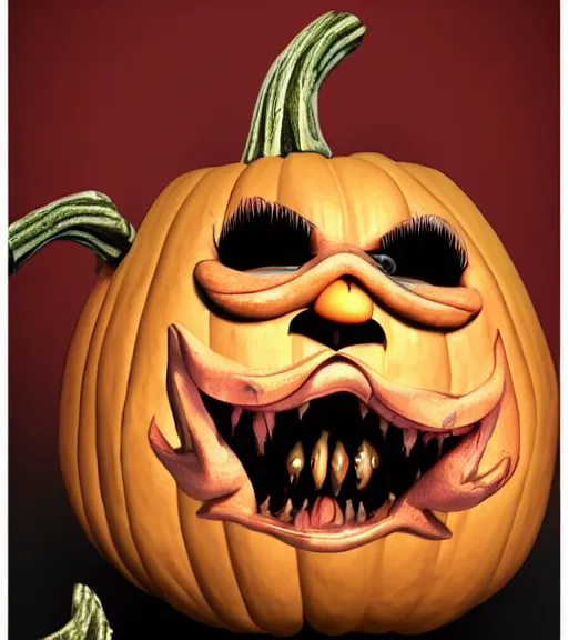 Prompt: a tim burton illustration of a horrifying carved pumpkin face, fat, laughing menacingly, cartoony facial expression, intricate detail, creepy lighting, 4 k artstation, masterpiece