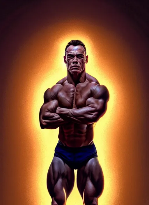 Image similar to symmetry!! portrait of jean claude van damme, cottagecore!! fitness body, glowing lights!! intricate, elegant, highly detailed, digital painting, artstation, concept art, smooth, sharp focus, illustration, art by artgerm and greg rutkowski and alphonse mucha