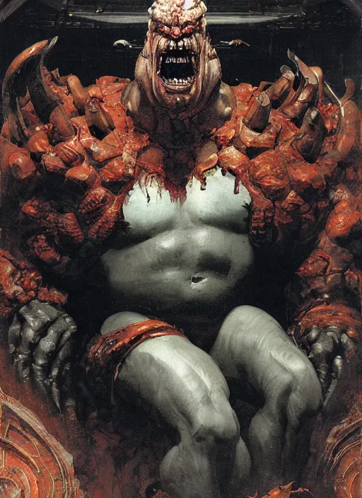 Prompt: huge hulking brute demon king wide shoulders, small evil head, vascular hands, muscular arms, wearing cape sitting on throne in science fiction hall, by sergey kolesov and lawrence alma tadema and norman rockwell and greg staples and craig mullins and john berkey and ruan jia, artstation creature art