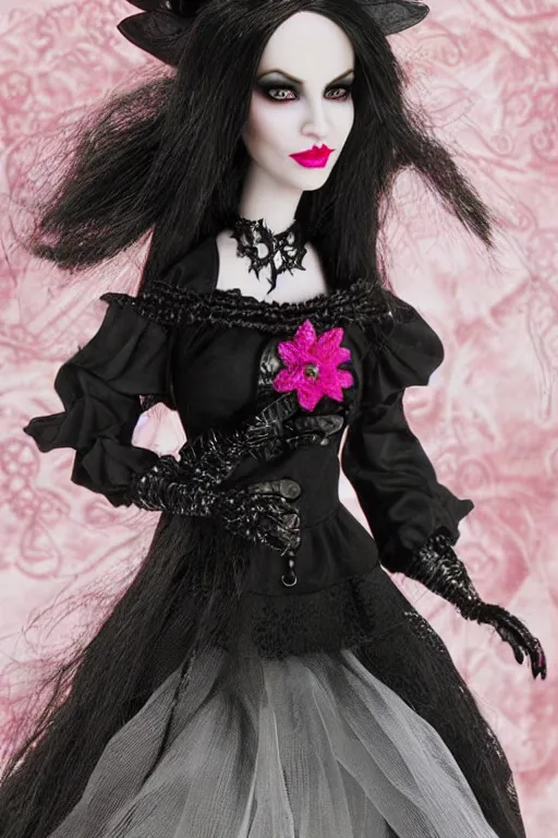 Image similar to gothic witch barbie doll, photorealistic, highly detailed,