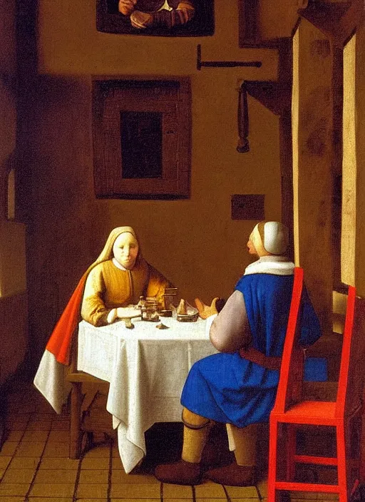 Prompt: young man at the table with young pretty blonde girl at the crowded tavern in the evening. medieval painting by jan van eyck, johannes vermeer