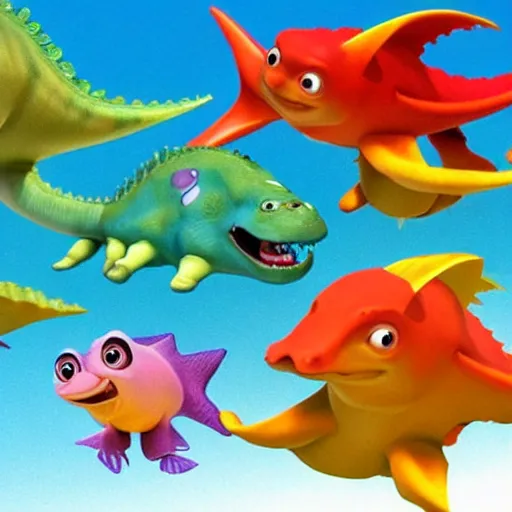 Image similar to aquatic baby fish dinosaurs rendered by pixar