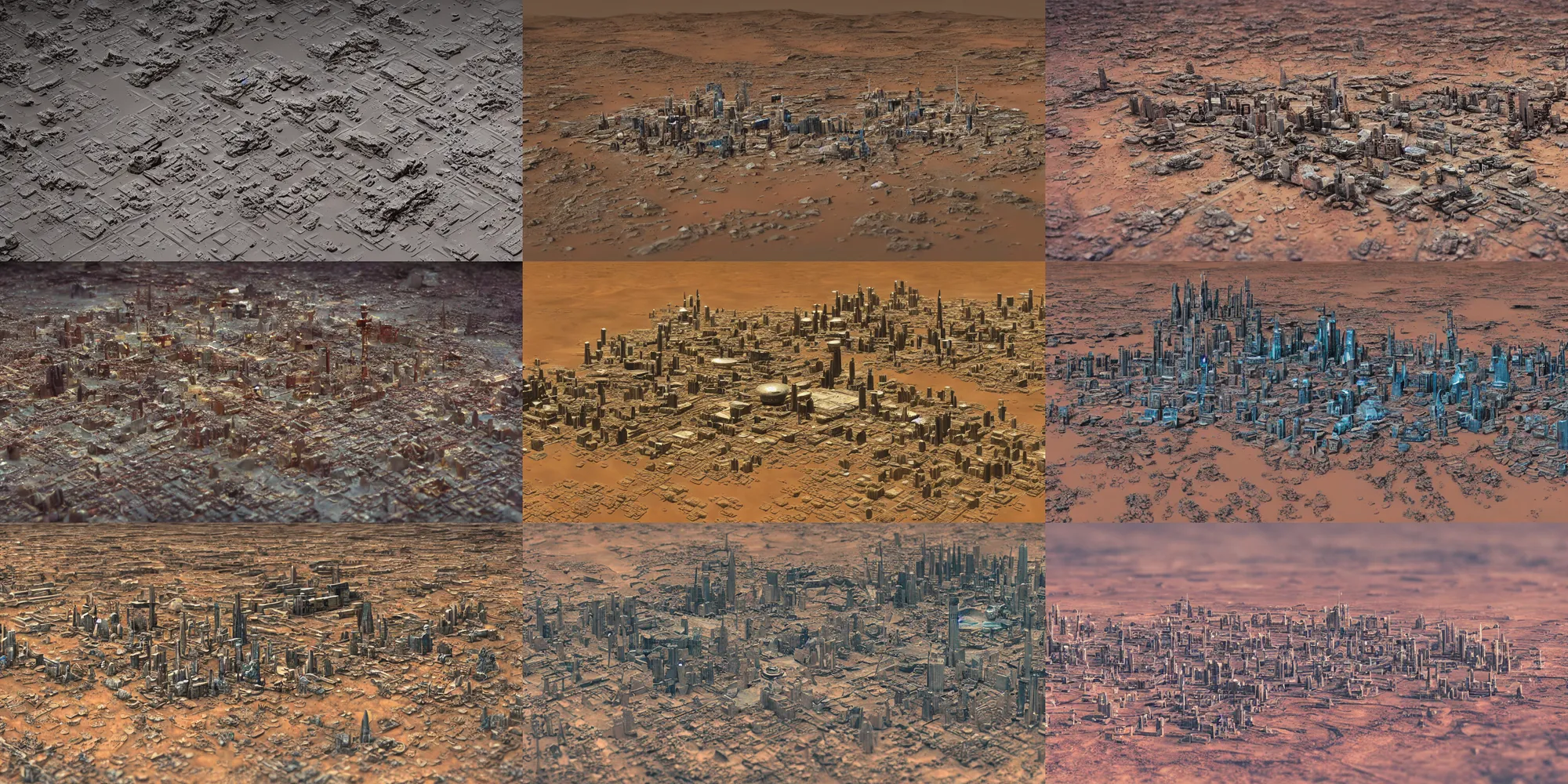 Prompt: Tilt shift photography of the first city on Mars in the style of John Berkey