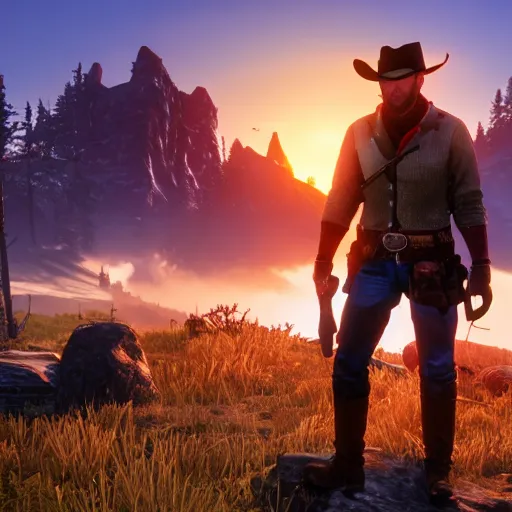 Prompt: Arthur Morgan dies of tuberculosis on a ridge, watching the sunrise