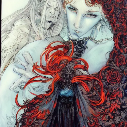 Image similar to a painting in the style of ayami kojima and in the style of charles vess.