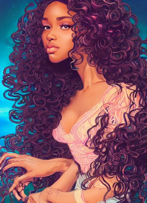 Image similar to beautiful black girl with long curly hair, cute, intricate, highly detailed, retrowave epic art, digital painting, trending on artstation, concept art, smooth, sharp focus, backlit, rim light, vivid colors, illustration, unreal engine 5, 8 k, art by rossdraws and alphonse mucha