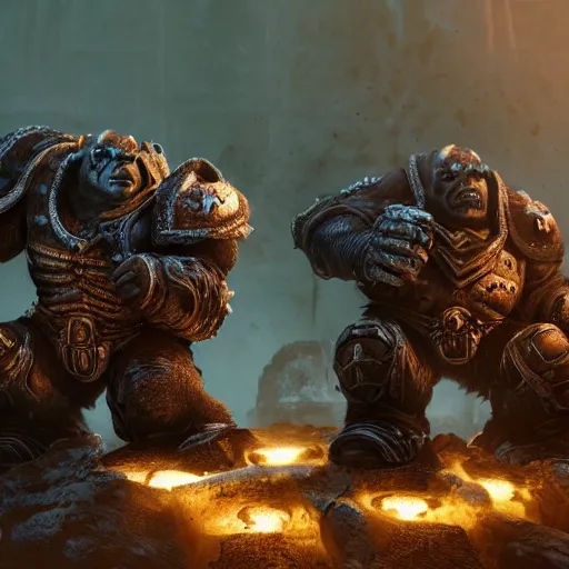 Image similar to orcs from warhammer in gears of war warcraft, fantasy, splash art, movie still, cinematic lighting, dramatic, octane render, long lens, shallow depth of field, bokeh, anamorphic lens flare, 8 k, hyper detailed, 3 5 mm film grain