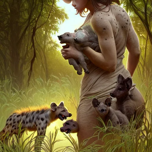 Image similar to photo of a hyena with a woman's head feeds puppies in the forest, highly detailed, digital painting, artstation, smooth, sharp focus, illustration, art by artgerm and greg rutkowski and alphonse mucha