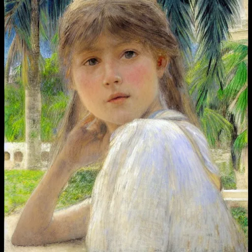 Image similar to a ultradetailed beautiful painting of a girl in the amazonas palace balustrade designed by jules bastien - lepage, hans belmer, frank weston and gustave baumann, beach, trending on artstation, mediterranean, palm trees, detailed face, sharp focus, soft light, 8 k 4 k