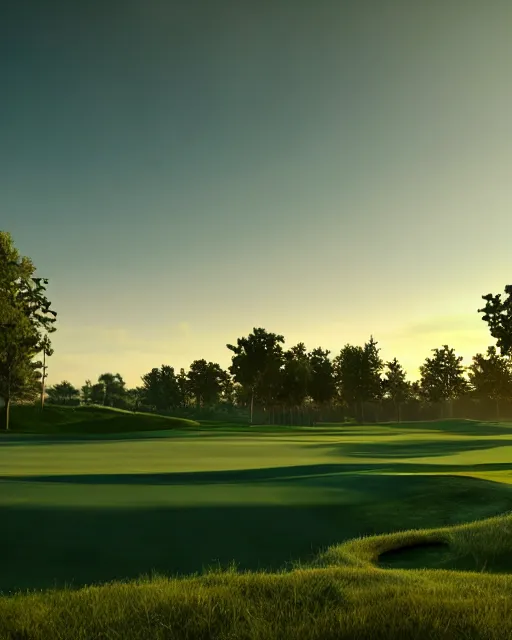 Prompt: golf course, hyper realism, cinematic, epic composition, high detail, octane render, unreal engine, 8 k, extremely detailed, apocalyptic, very sharp, beautiful, sunrise, clear sky