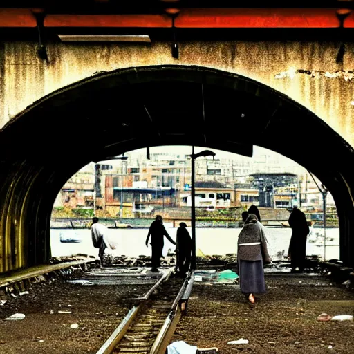 Image similar to poor people life under railway bridge, award winning, realistic, 2 0 0 0 p, hyper details, by steve mccury, best on adobe stock, cinematic, detailed place and people, 3 5 mm lens