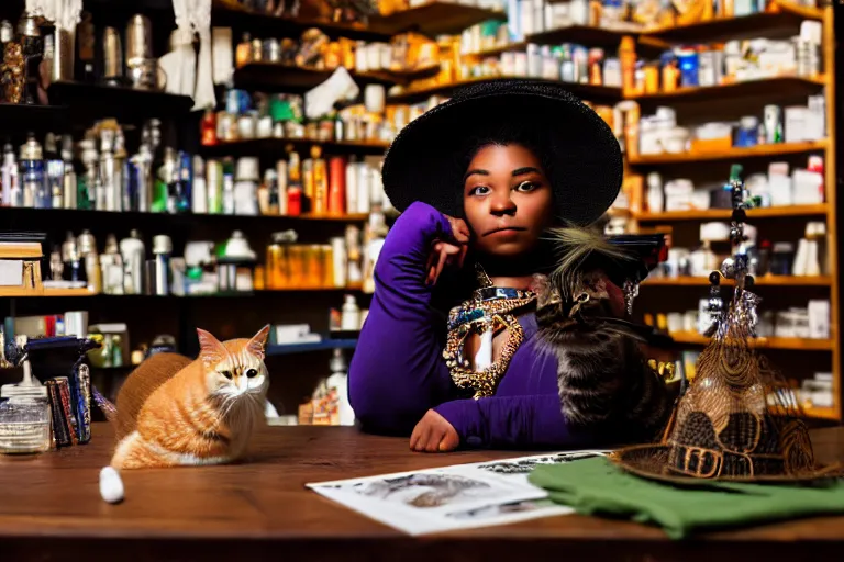 Image similar to 2 0 2 2 photo, close up portrait, dramatic lighting, concentration, calm confident african american teen witch and her cat, tarot cards displayed on the table in front of her, sage smoke, magic wand, a witch hat and cape, apothecary shelves in the background, alphonse mucha