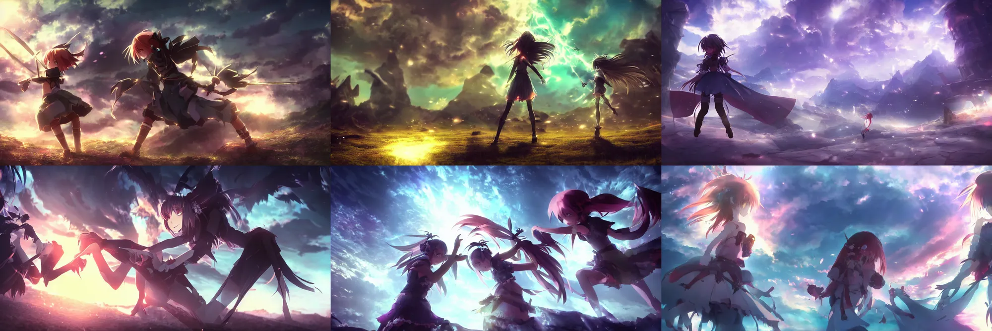 Prompt: kawaii girl epic fight, behind is necropolis heaven, epic cinematic still, dynamic perspective, anime style, beautiful volumetric light