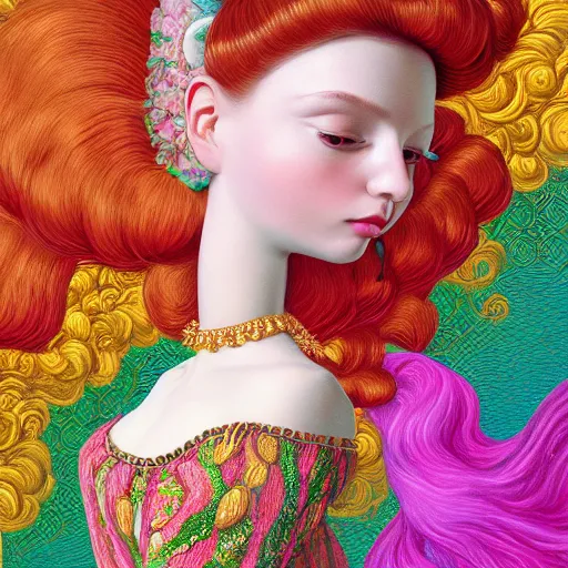 Prompt: a portrait of a stunningly beautiful young woman ( head and breast ) with high cheekbones in highly detailed gucci dress ( no gucci logo ) bright colors ultra realistic digital painting, rococo, japonisme, artstation, concept art, pop, smooth, sharp focus, illustration, art by mark ryden klimt, lisa frank
