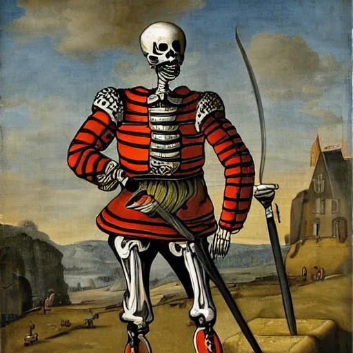 Image similar to skeleton in a colourful landsknechts uniform, wielding a sword, rennaissance painting