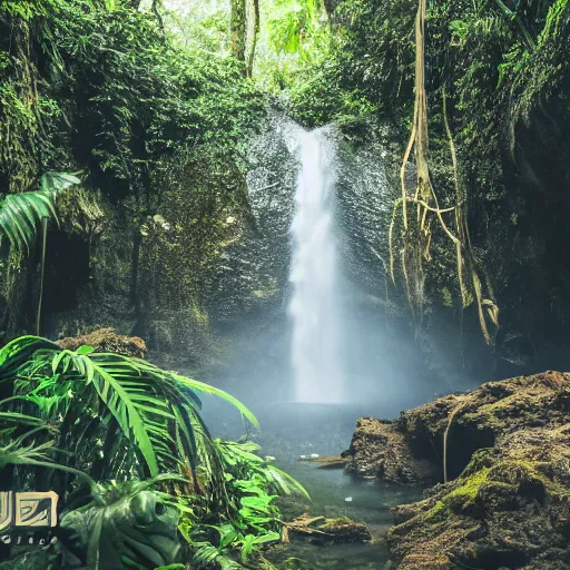 Image similar to A waterfall in the jungle, 8k, professional photography, cinematic shot, dark, smoke