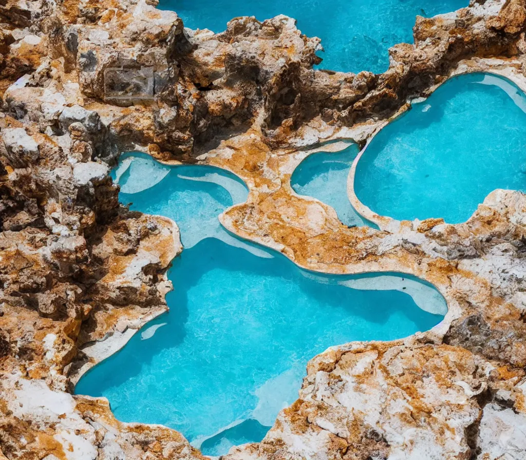 Prompt: travertine pool golden palace, bright blue water, bright mid day, professional photography, travel, architecture, high detail, dreamy