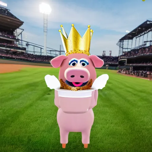 Prompt: pig baseball outfit wearing a gold crown as a Muppet holding an empty glass cup 8k