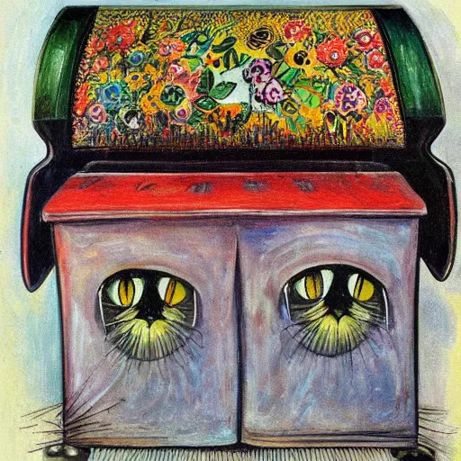 Image similar to painting of a dumpster by louis wain