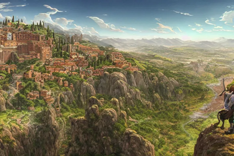 Image similar to an ultra detailed matte landscape painting of an extremely tall and strong young man with short brown hair standing on a cliff overlooking a medieval capital built on top of many hills, italian renaissance architecture, ultrawide lense, aerial photography, 8 k, volumetric lighting, smooth, highly detailed, digital illustration, art by kentaro miura and akira toriyama and artgerm