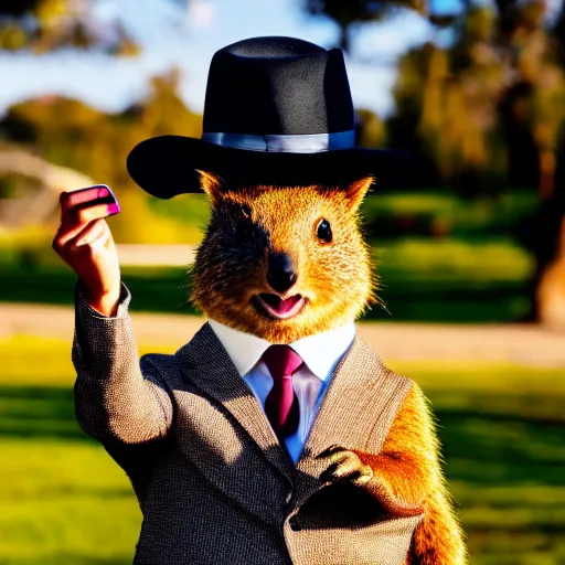 Image similar to happy quokka wearing a suit and a hat, taking a selfie, golden hour, realistic