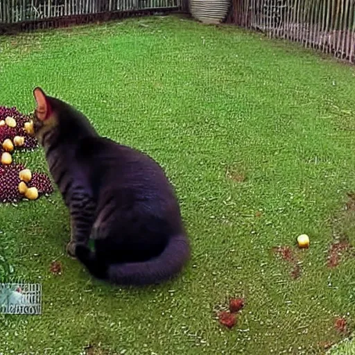 Image similar to cctv footage of a cat eating berries in backyard last night. caught on camera