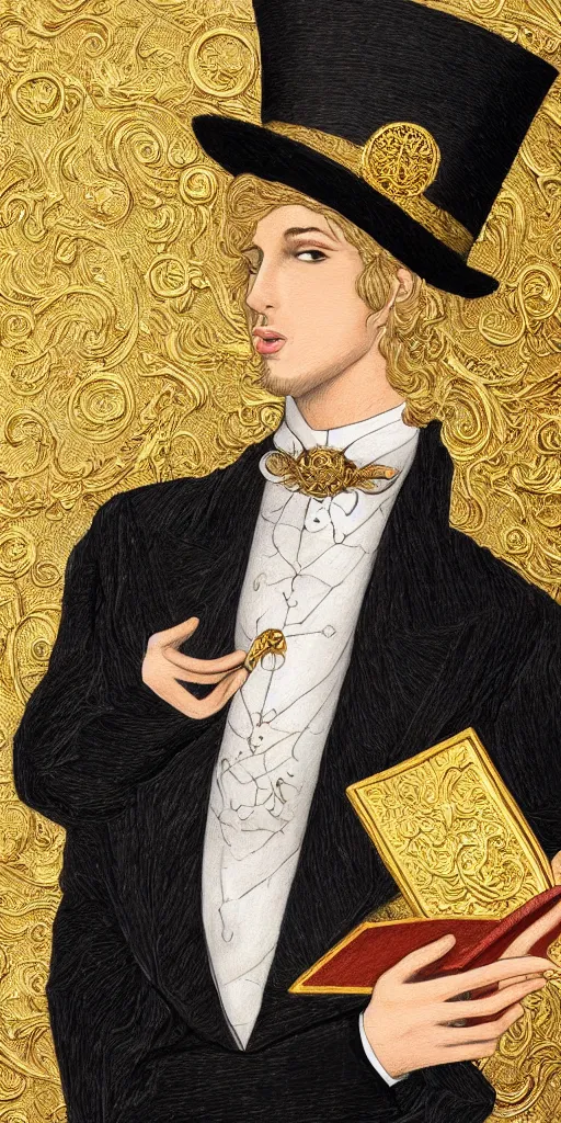 Image similar to beautiful detailed acrylic painting mystical mentalist man, has blond hair and a top hat. Wearing embroidered noble clothes. A small book with gold filigree in hand. Renaissance. Fantasy.