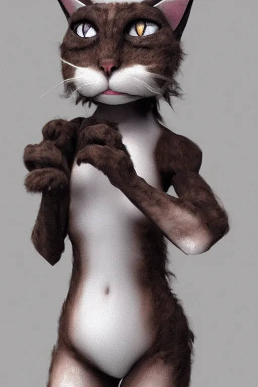 Image similar to A female cat anthropomorphic cartoon character posing with arms crossed and eyes closed. Her fur is matted and dirty. The pose is dramatic, showing off her muscular physique. Concept art, video game art, sharp focus, natural lighting, full body, extremely detailed, trending on artstation