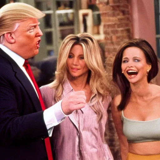 Image similar to donald trump has a guest role in friends, movie still, nineties, comedy, laughing