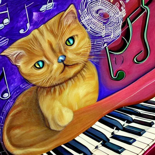 Prompt: british shorthair cat sitting on surreal curved piano keys, surrounded by musical notes, colorful detailed painting in the style of josephine wall 4 k