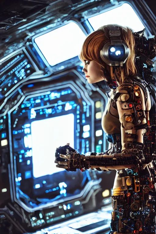 Image similar to emma stone as a cyberpunk warrior wearing armor made out of computer circuits standing on the command deck of a spaceship, cosplay, high resolution film still