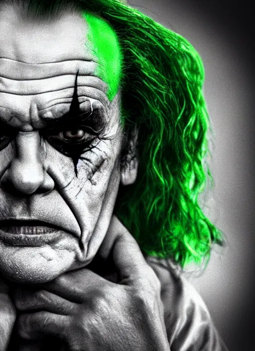 Image similar to photo of Jack Nicholson as the Joker with green hair by Lee Jeffries, smile, head shot, detailed, award winning, Sony a7R