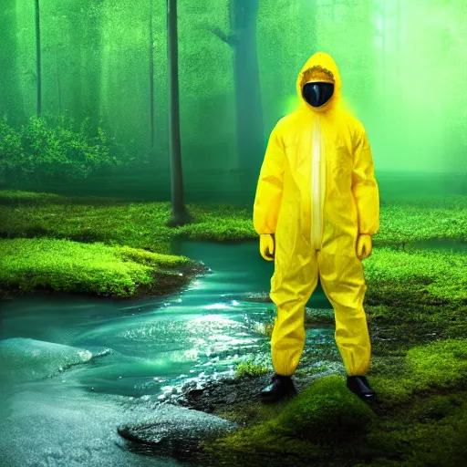 Prompt: a man in a yellow hazmat suit stands in a detailed forest and pours glowing green liquid into a magical river, photorealistic painting, concept art, rendering, octane, redshift, cinematic composition, volumetric lighting