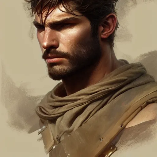 Image similar to portrait of a rugged ranger, handsome, muscular, 20 years old, D&D, fantasy, intricate, elegant, highly detailed, digital painting, artstation, concept art, matte, sharp focus, illustration, art by Artgerm and Greg Rutkowski and Alphonse Mucha