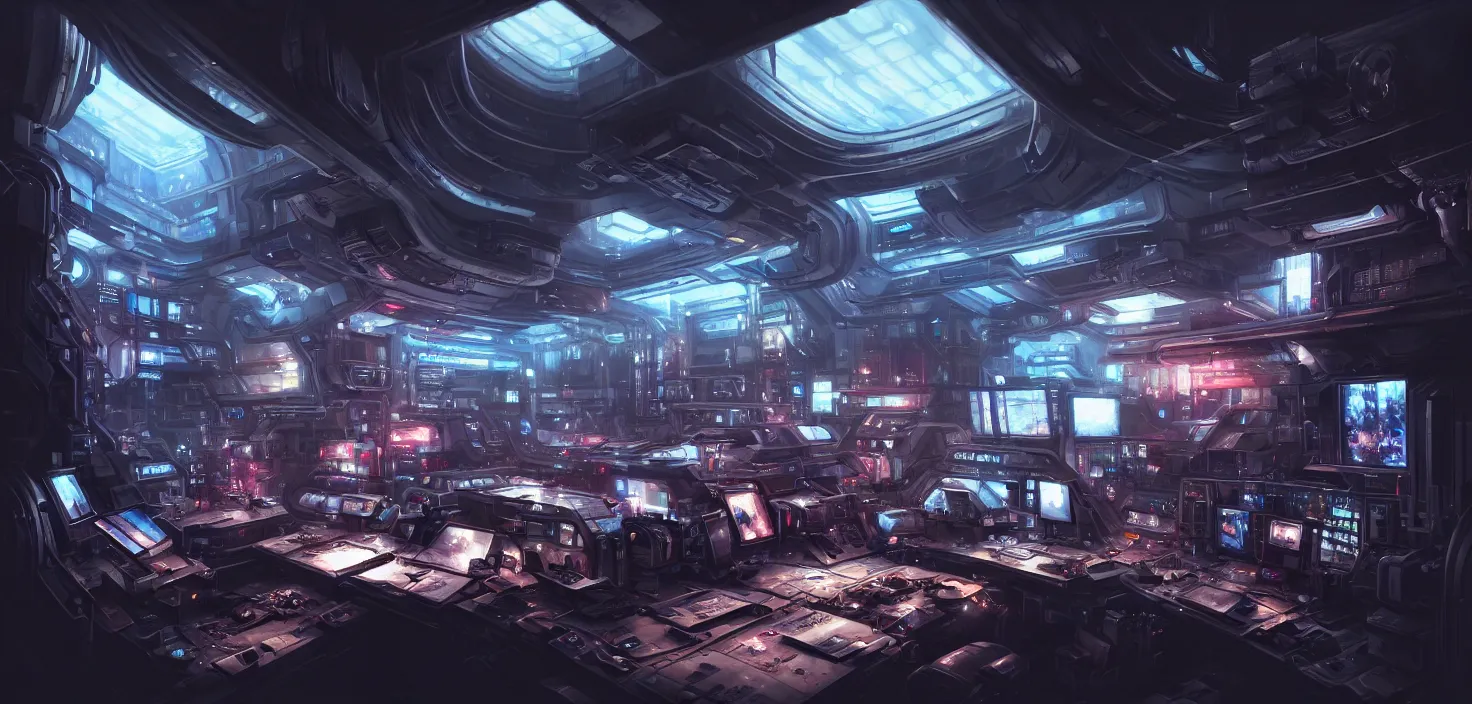 Image similar to a hyper detailed octane render concept art by xision wu, kerem beyit, sandara tang portrait of cyberpunk panel control spaceship room, dim lighting, detailed portraits, unreal engine 5, highly rendered, digital painting, hyper realistic, photo realistic, artstation, concept art, smooth, sharp focus perfect horizontal, symmetry illustration, detailed and intricate environment artstation hq