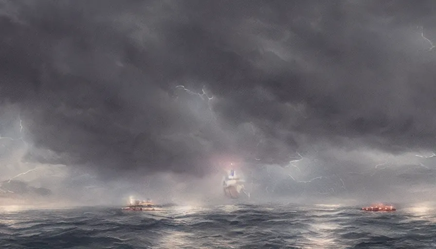 Image similar to movie poster of sinking cruise ship during thunderstorm, hyperdetailed, artstation, cgsociety, 8 k