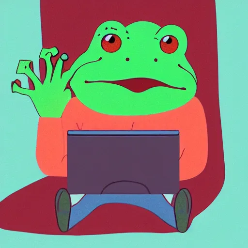 Prompt: peepo the frog!!!, lying on his bed with a laptop, crying, sad lo-fi vibes, dramatic,