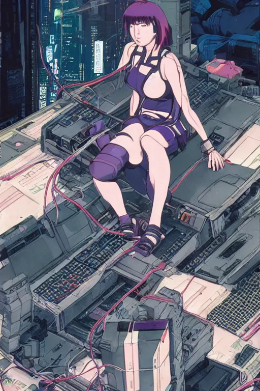 Image similar to cyberpunk anime style illustration of motoko kusanagi seated on the floor, seen from behind with her back open showing a complex mess of cables and wires, by masamune shirow and katsushika hokusai, studio ghibli color scheme