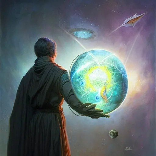 Image similar to the creator of worlds wearing a cloak and holding a holographic planet projection in his hand, detailed, sci - fi, digital painting, artstation, sharp focus, illustration, ominous, artgerm, tomasz alen kopera, peter mohrbacher, donato giancola, joseph christian leyendecker, wlop, frank frazetta