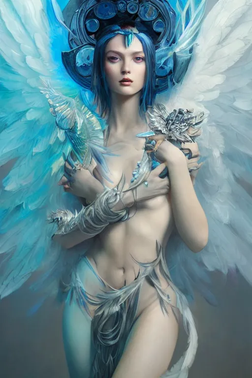 Prompt: beautiful model wearing crystal white feathers, blue magic, diamonds, angel, fantasy, dramatic lighting, highly detailed, digital painting, holding electricity, magic the gathering, hyper detailed, 3 d render, hyper realistic detailed portrait, peter mohrbacher, wlop, ruan jia