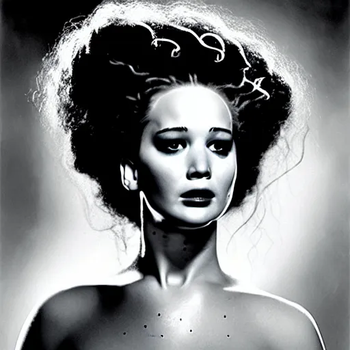 Image similar to jennifer lawrence, still from the movie bride of frankenstein