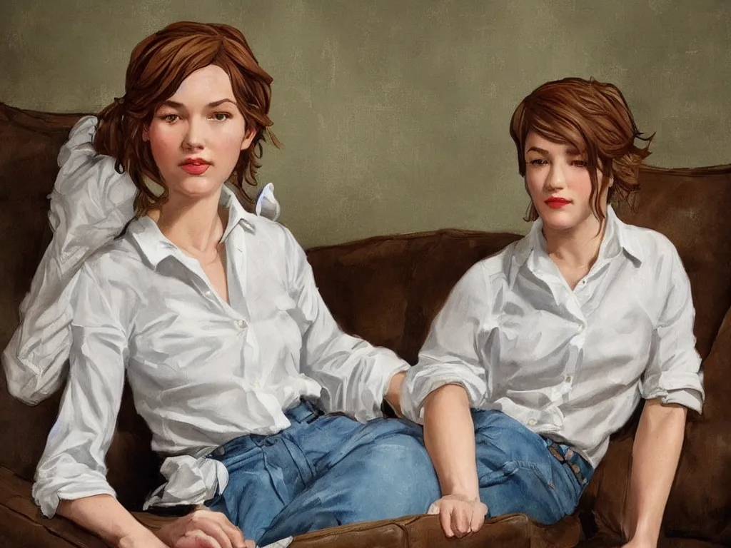 Prompt: ' ellie'from'the last of us'sitting on a couch, next to the sea, wearing a white button up shirt, vintage pin up painted by jc leyendecker, vintage