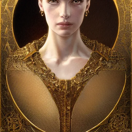 Prompt: female pale aristocrat, gold, character portrait, concept art, intricate details, highly detailed by greg rutkowski, michael whelan and gustave dore, face enhance, ultra detailed