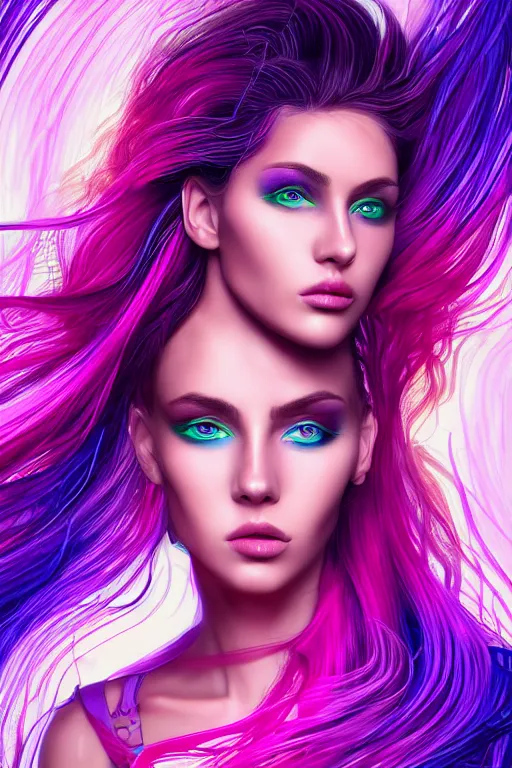 Image similar to a award winning half body portrait of a beautiful woman with stunning eyes in a croptop and cargo pants with ombre purple pink teal hairstyle by thomas danthony, surrounded by whirling illuminated lines, outrun, vaporware, shaded flat illustration, digital art, trending on artstation, highly detailed, fine detail, intricate