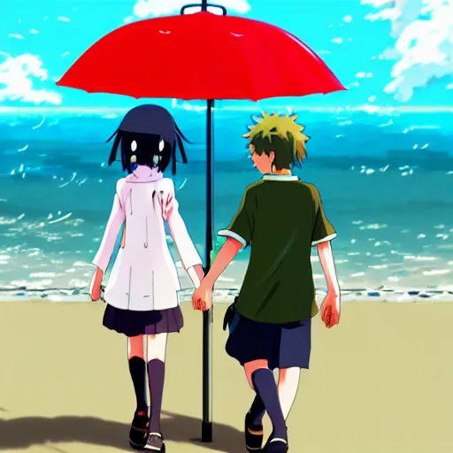 Image similar to anime girl and boy walking together on the Beach, Rain, umbrella, by makoto shinkai, Studio Ghibli, anime wallpaper, illustration, 4k Wallpaper, flat colors, trending on artstation, cgsociety