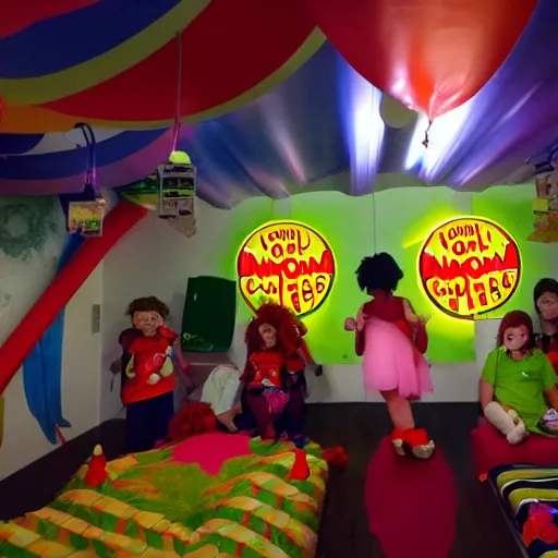 Prompt: ronald mcdonald violently invading a childrens' sleepover