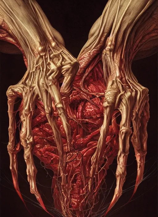 Image similar to demonic creature with translucent skin, visible muscles and veins and arteries and bones and spines and nerves, beautiful detailed intricate insanely detailed octane render, 8k artistic photography, photorealistic, chiaroscuro, by David Cronenberg, Raphael, Caravaggio