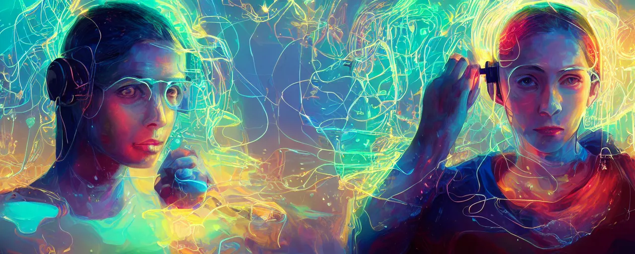 Prompt: A young woman with wires coming out of her head connecting to a computer, 4k wallpaper, digital art, deep colors, heavenly lighting, realistic reflections, light refraction, trending on arstation, by Victoria Rose, by Josan Gonzalez, by Juan Osorio